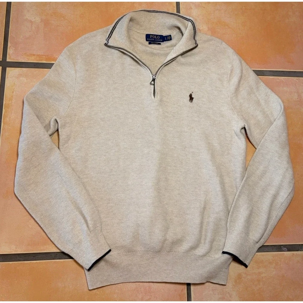 POLO Ralph Lauren QUARTER Zip SWEATER Cotton Knit PULLOVER Cream MEN'S Large